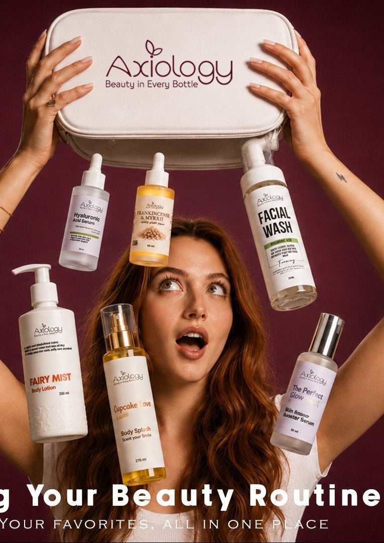 A woman holds up a white Axology Beauty Routine Box surrounded by floating skincare bottles against a dark burgundy background, with the text 'Everything Your Beauty Routine Needs' at the bottom.