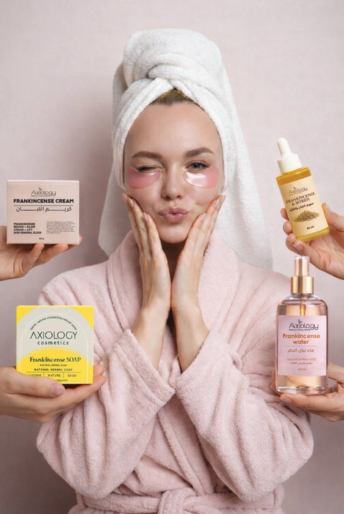 Axiology Frankincense ritual skincare collection with cream, serum, soap and toner